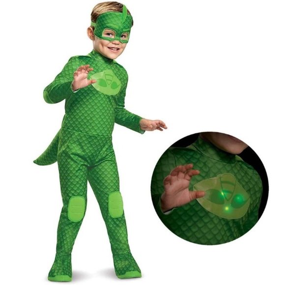 Toddler PJ Masks Gekko Light Up Halloween Costume 3T/4T Jumpsuit, Cape & Mask - Picture 1 of 9